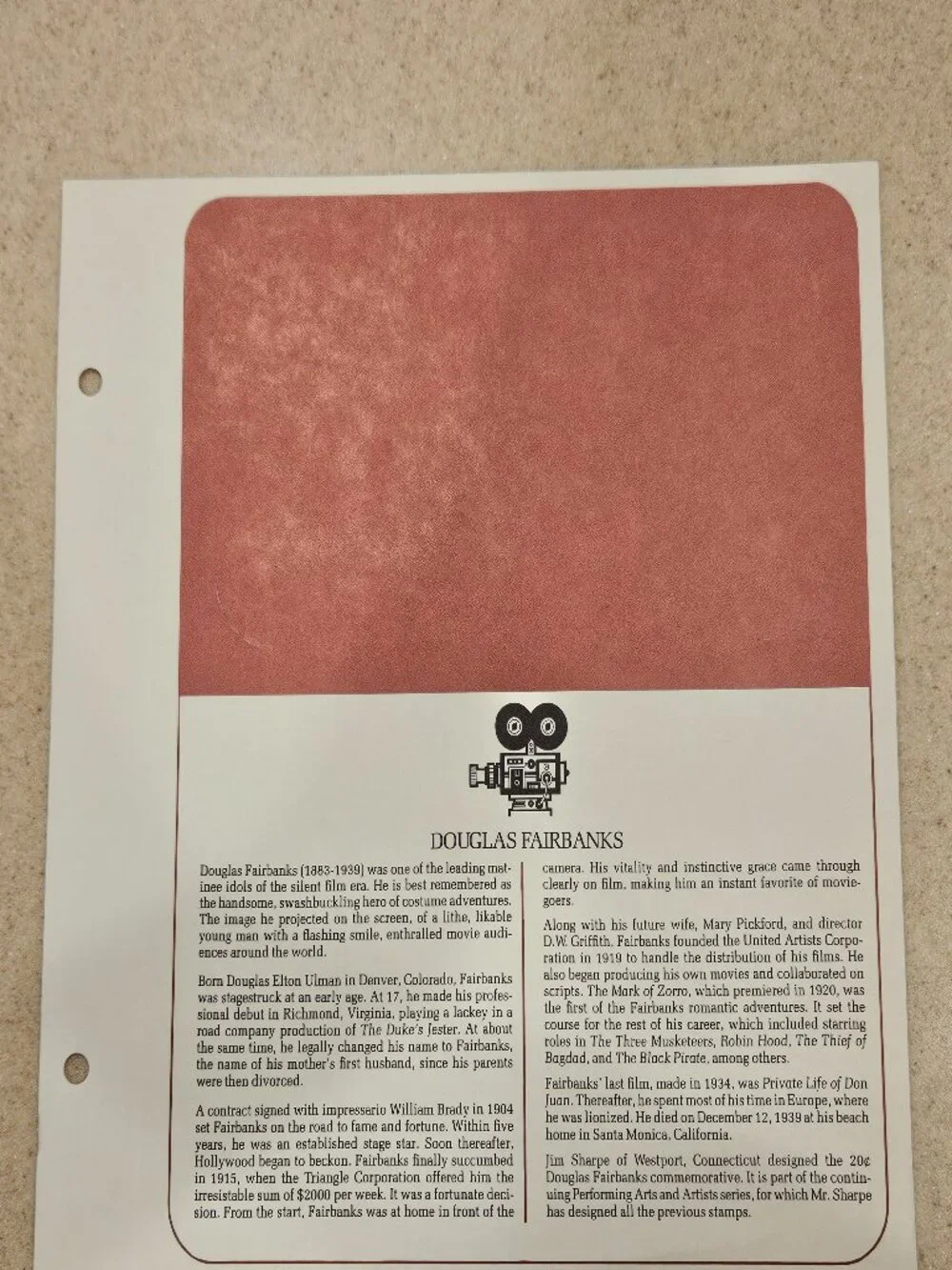 RARE COLLECTIBLE USPS 1ST DAY ISSUE COMMEMORATIVE CARDCOVER DOUGLAS FAIRBANKS